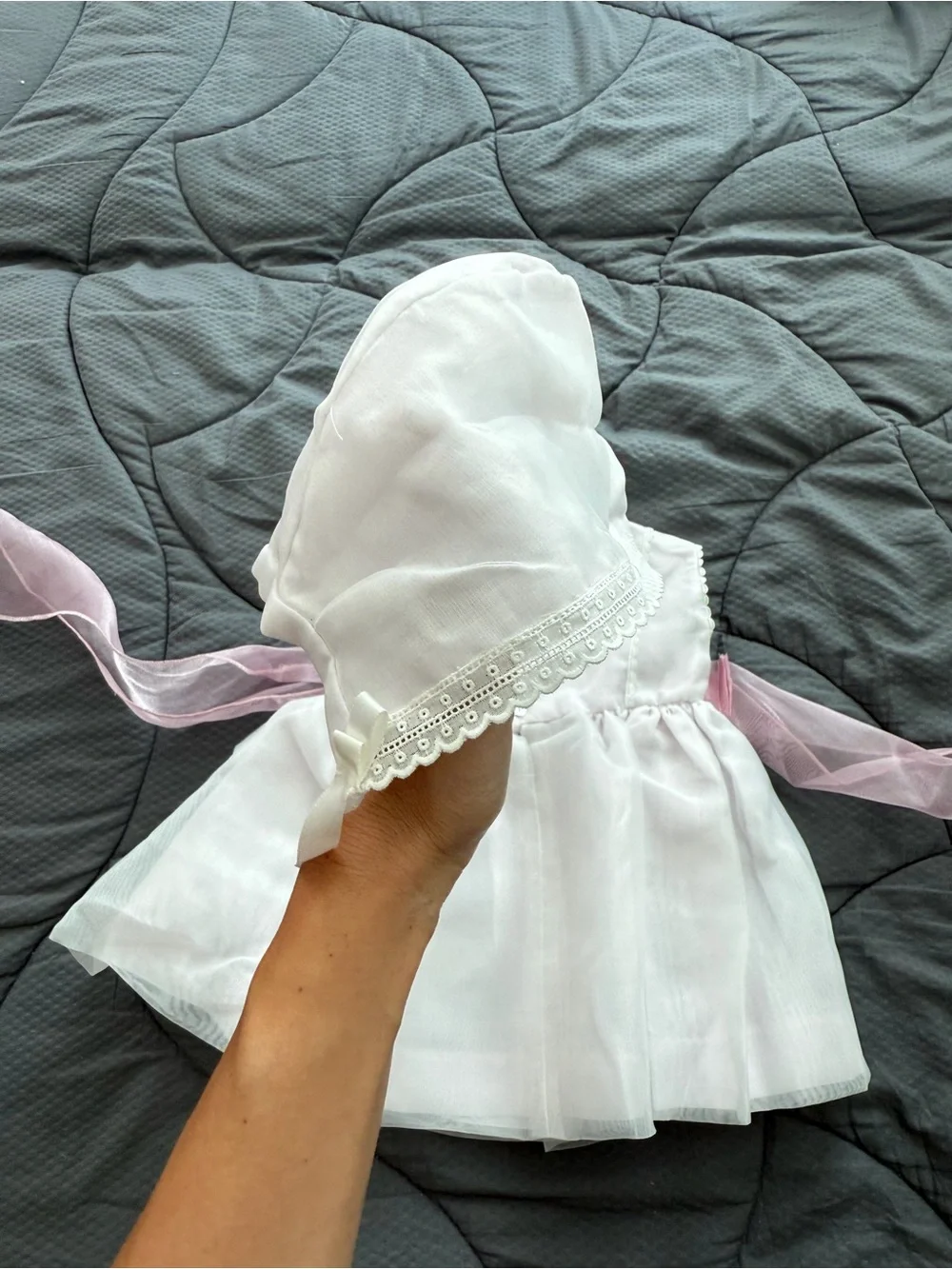 White & Pink Baby girl Dress with Pink Sash and Headpiece - handmade - NEW
